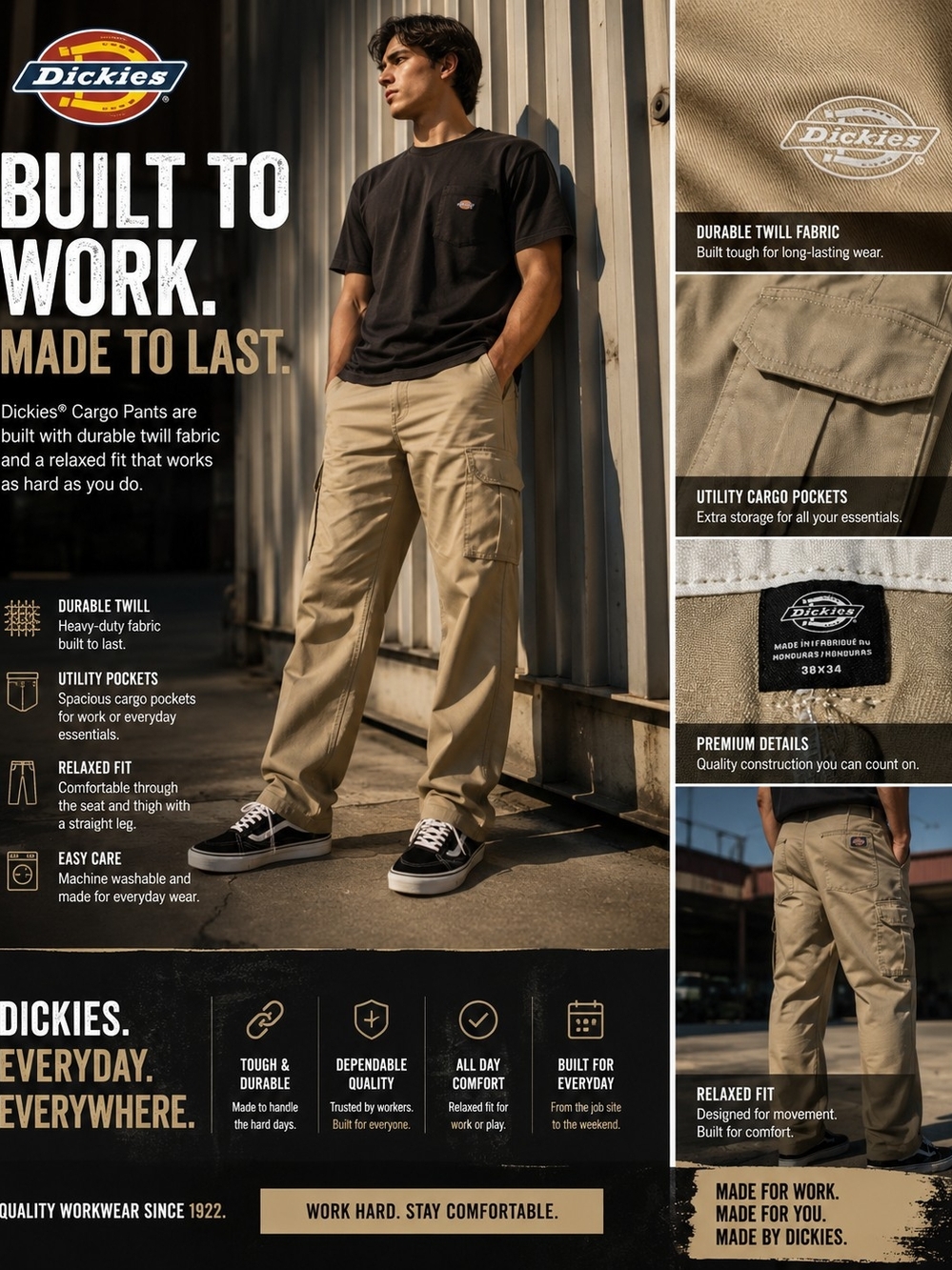 Dickies Cargo Pants Mens 38x34 Khaki Tan Relaxed Straight Leg Workwear Utility